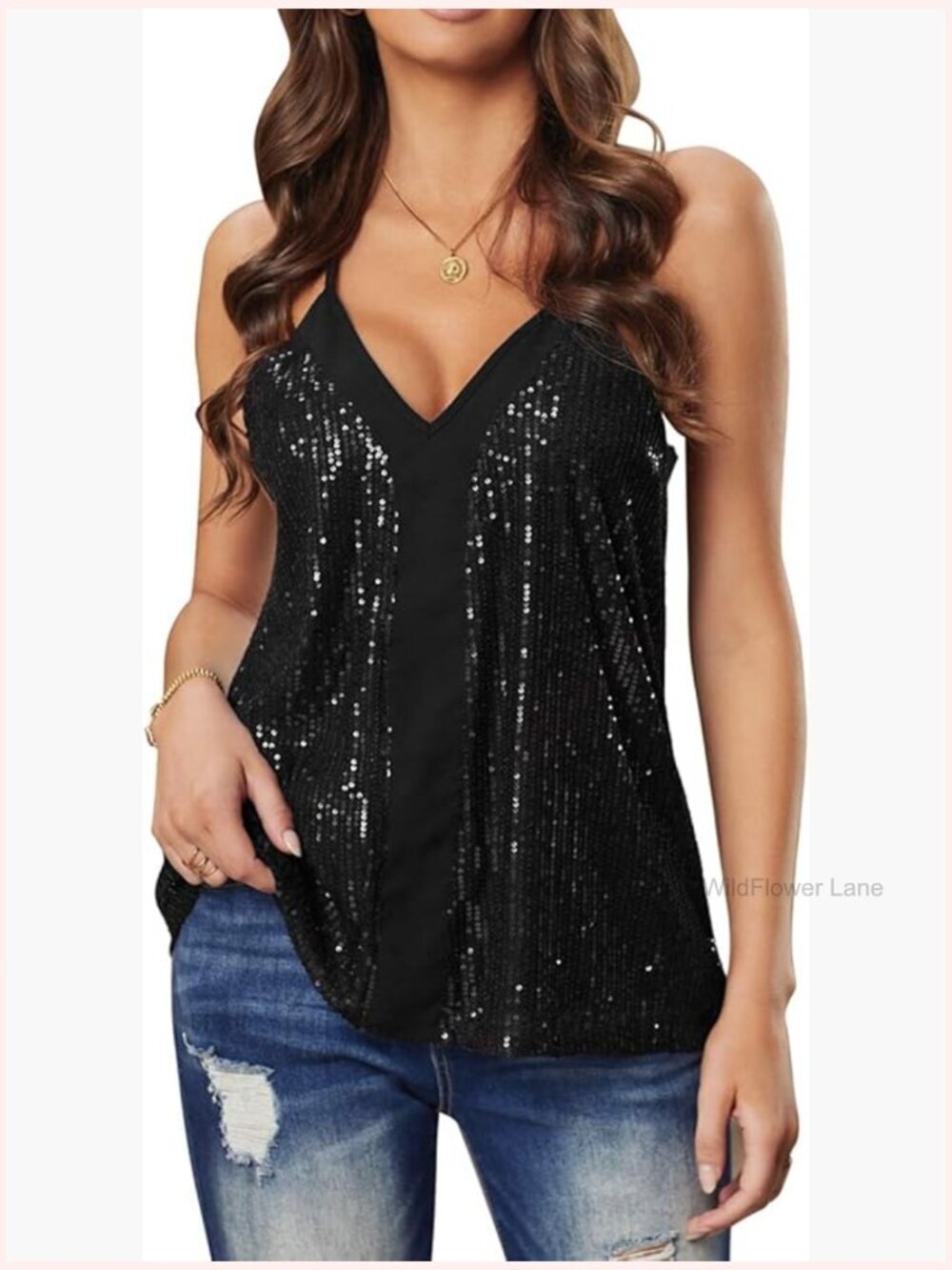 Sequin Cami Tank Top Sparkly Racerback V-Neck Sleeveless Loose Fit